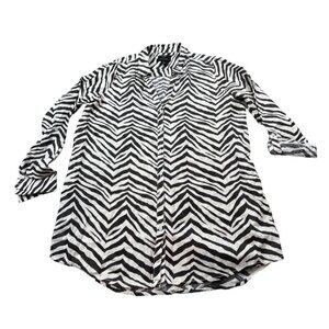 Tahari Linen Shirt Women Large Zebra Print Black Button Front Safari Resort Boho